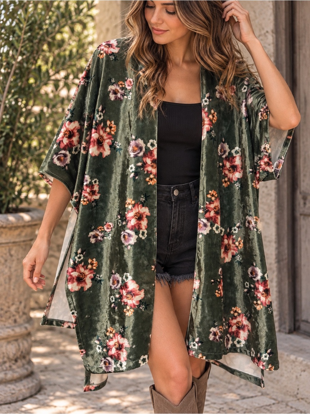 Do Everything in Love Olive Velvet Floral Kimono Whimsigoth Boho OS